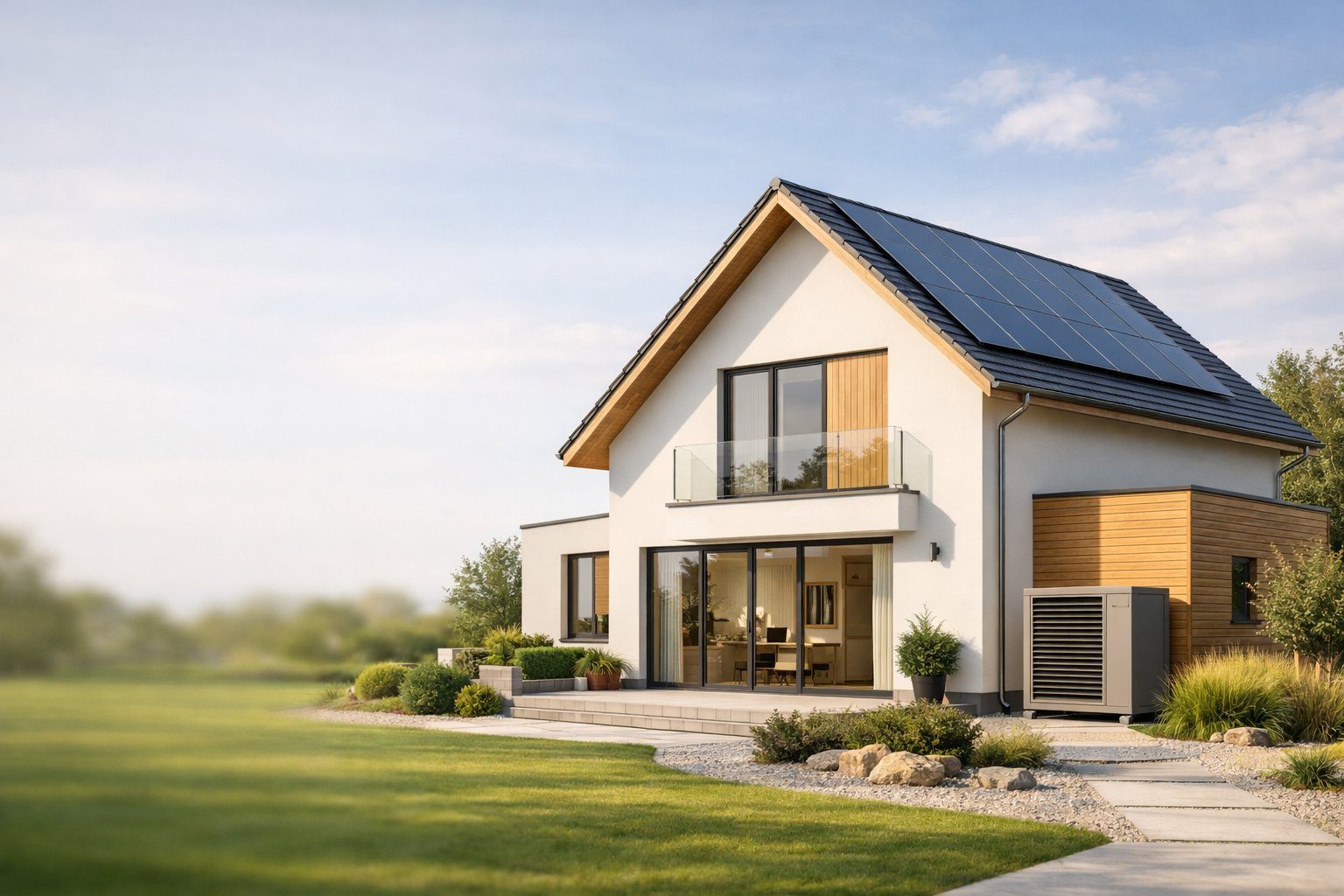 Modernes Einfamilienhaus bei Sonnenlicht